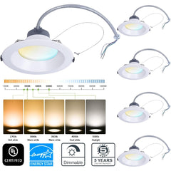LED downlights with color temperature options and certifications on a white background