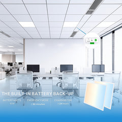 Emergency LED panel light Modern office space with desks and computers, featuring a battery back-up system.