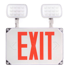 Exit sign with red letters and two white lights on a white background