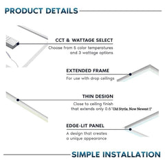 Product details of a light fixture with features like CCT & wattage select, extended frame, thin design, edge-lit panel, and simple installation.