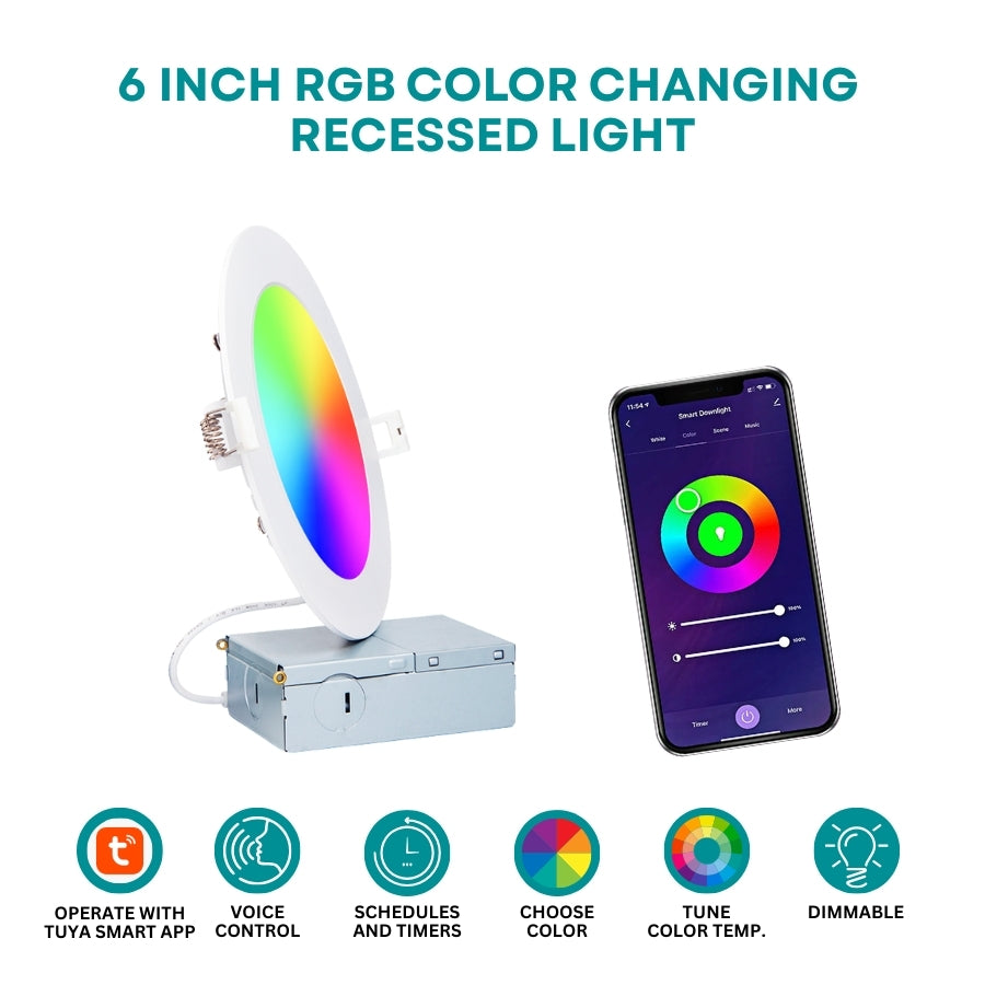 6 inch RGB color-changing recessed light with smartphone app control on a white background