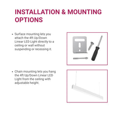 Installation and mounting options for a 4ft Up/Down Linear LED Light with text and diagrams.