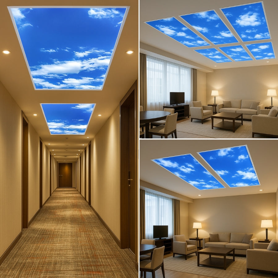 Collage of indoor spaces with sky ceiling panels