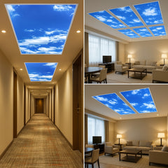 Collage of indoor spaces with sky ceiling panels