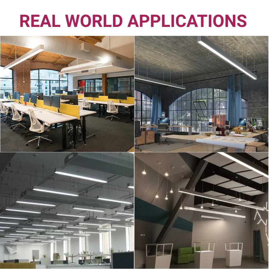 Collage of office spaces with modern lighting fixtures, labeled 'Real World Applications'.