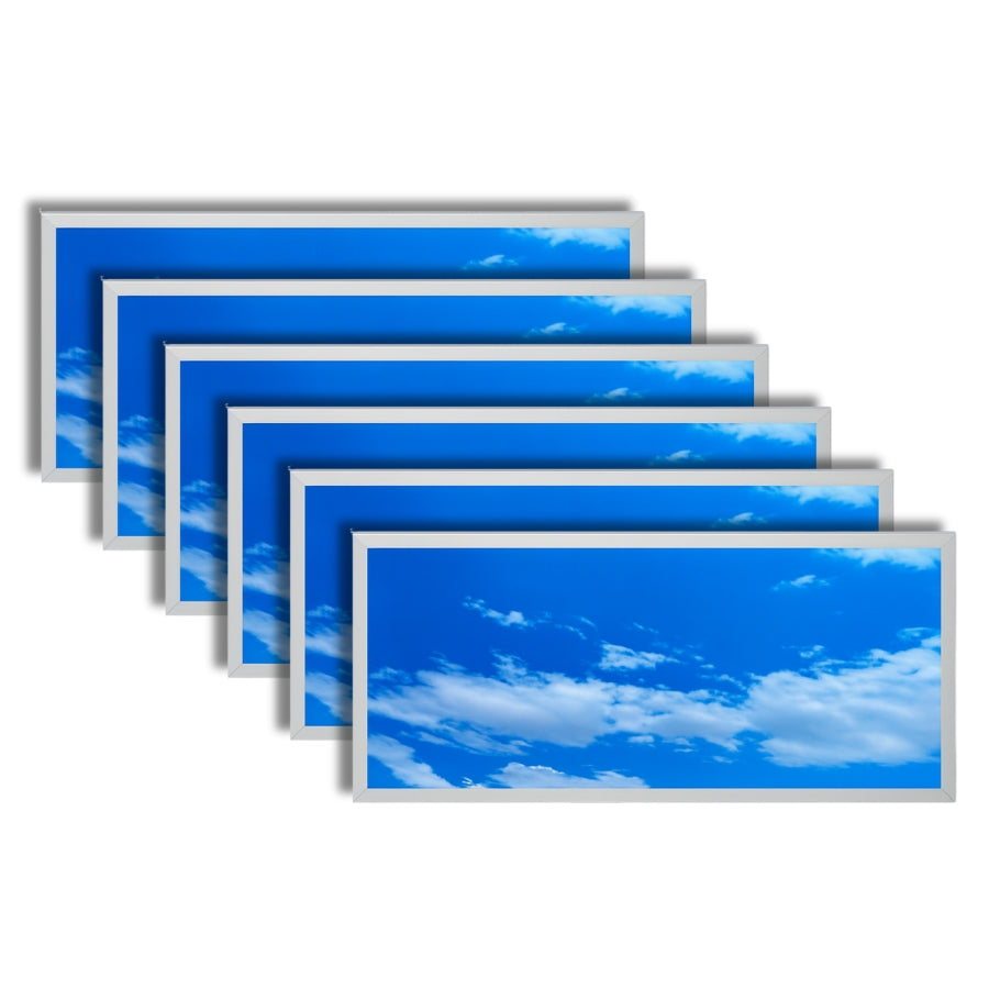 Set of six blue sky with cloud panels on a white background