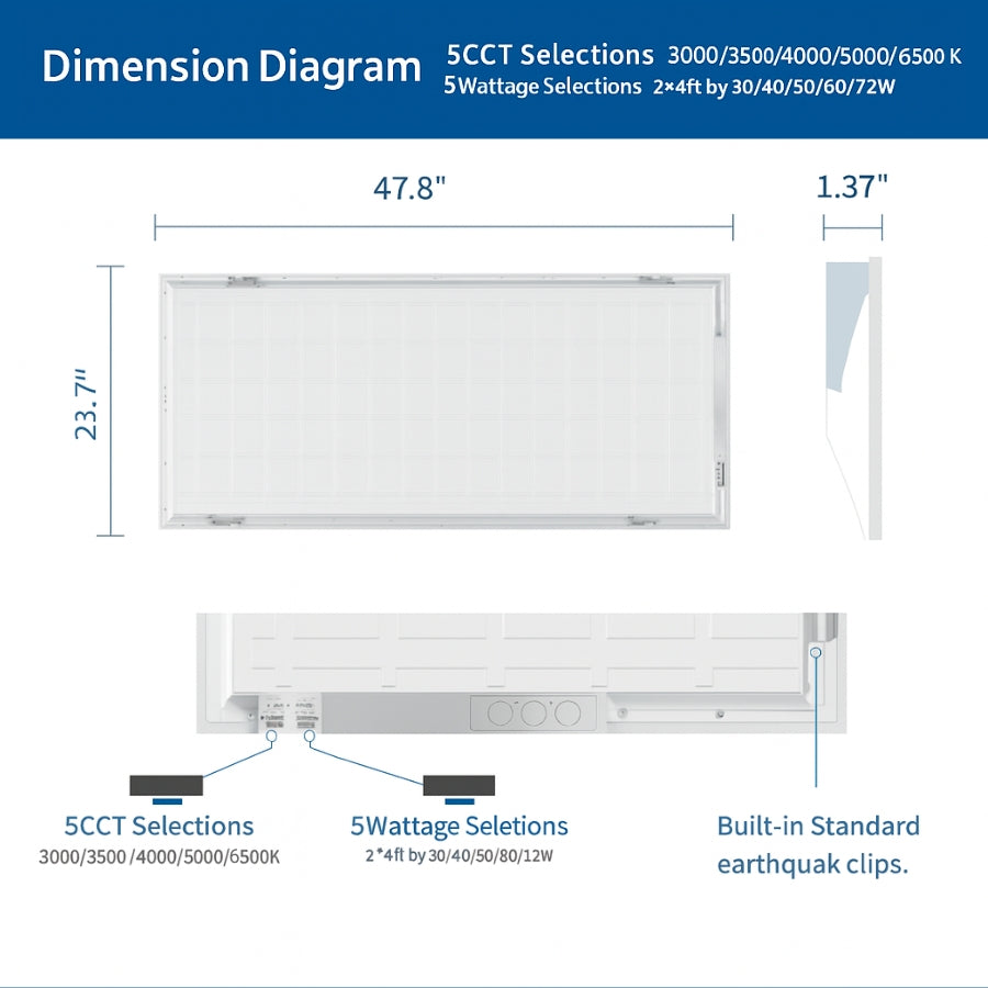 Dimension diagram of a rectangular light fixture with measurements and specifications.