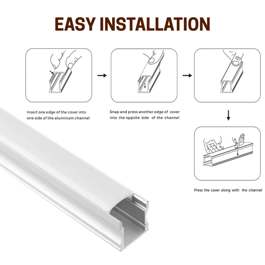 Step-by-step guide for installing a cover onto an aluminum channel with text 'Easy Installation'.