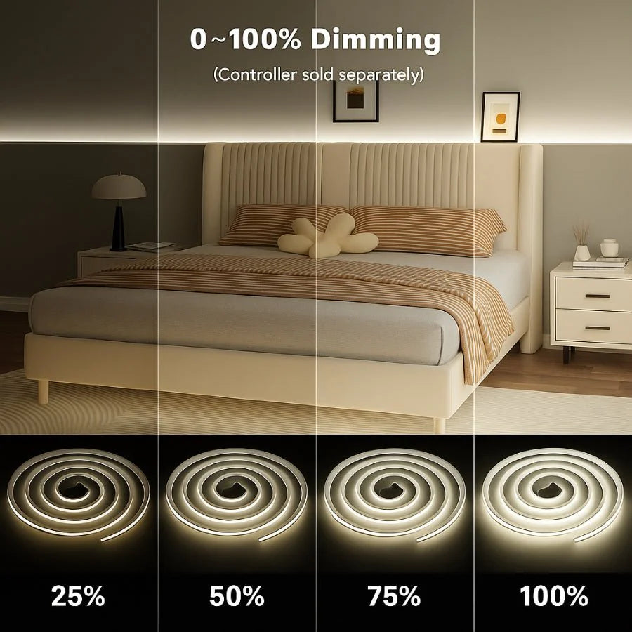 Dimmable LED strip light demonstration in a bedroom setting with varying degrees of brightness.