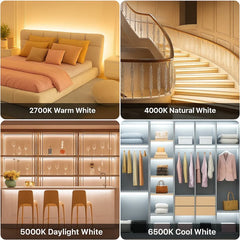 Collage of interior settings with different color temperature labels: 2700K Warm White, 4000K Natural White, 5000K Daylight White, and 6500K Cool White.