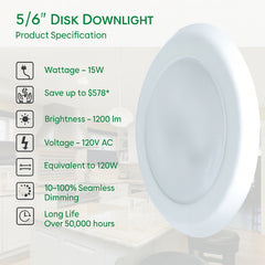 5/6 inch disk downlight with product specifications on a white background at fliptoled