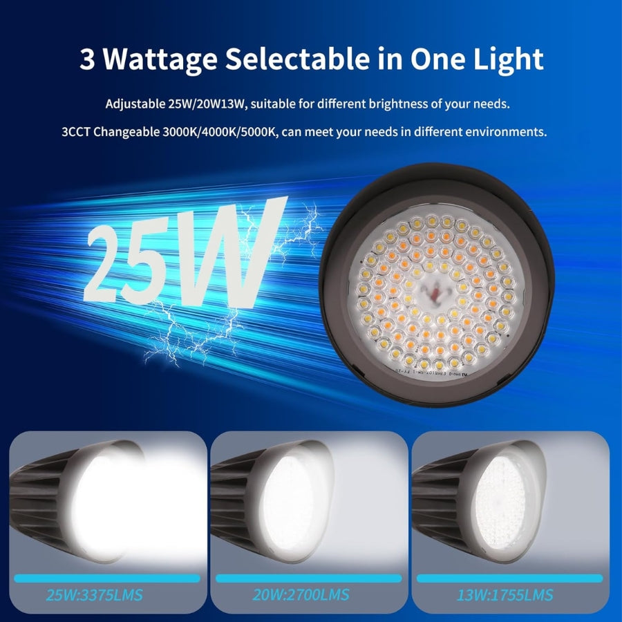 LED Flood Light bulb with wattage options and color temperature information on a blue background