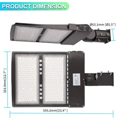 LED street light, LED parking lot lights with dimensions labeled on a white background
