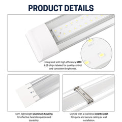 LED batten light fixture with detailed features and specifications on a white background