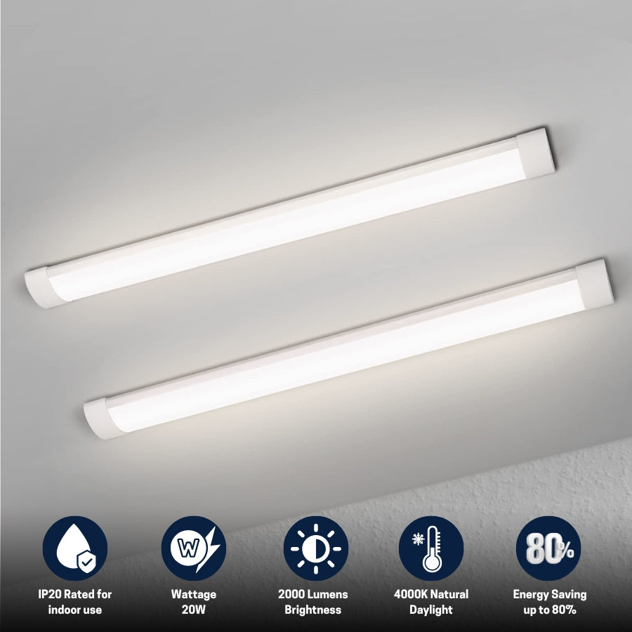 Two LED batten lights on a gray background with specifications displayed.