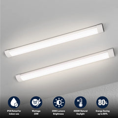 Two LED batten lights on a gray background with specifications displayed.