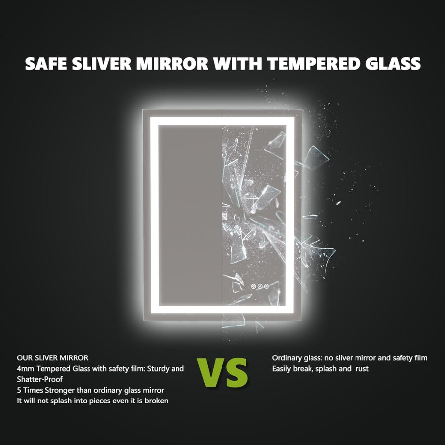 Comparison of safe silver mirror with tempered glass and ordinary glass on a black background.