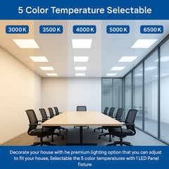 Conference room with different color temperature options displayed on LED panels.