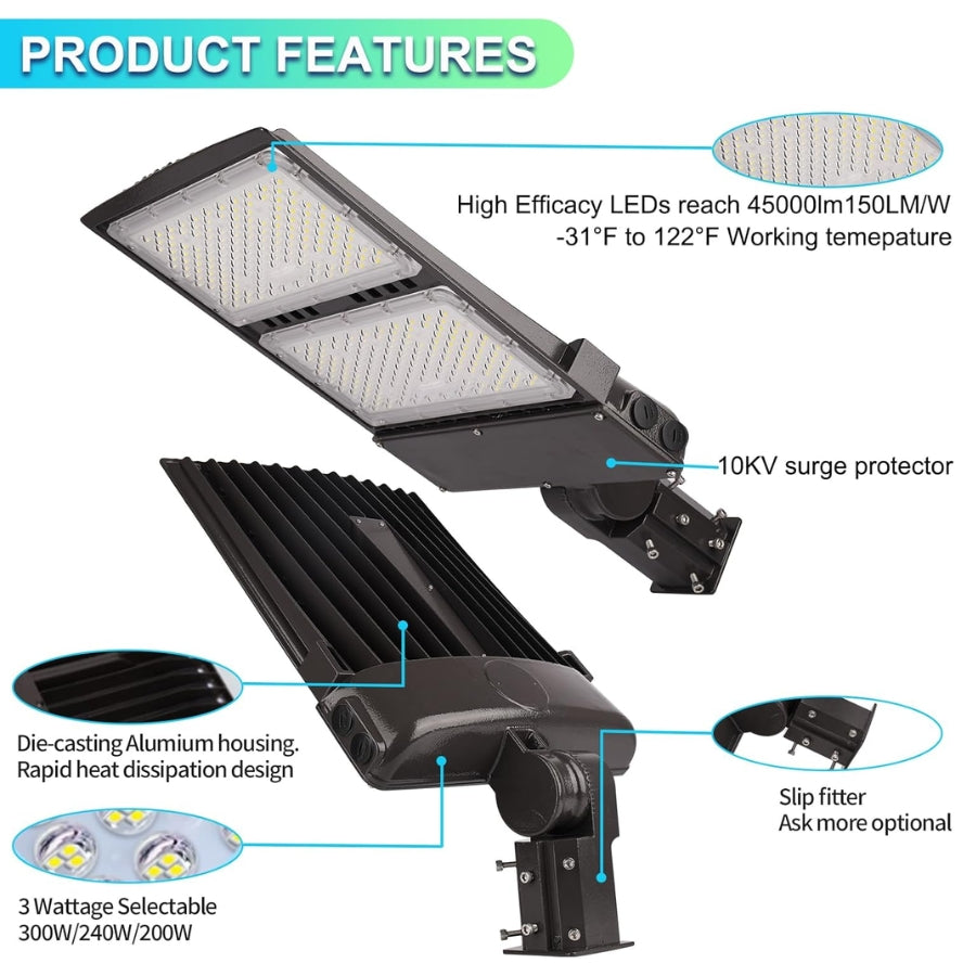 LED street light, area lights, LED parking lot lights, with features highlighted on a white background