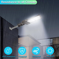 Outdoor light fixture on a building corner with weather resistance icons below.