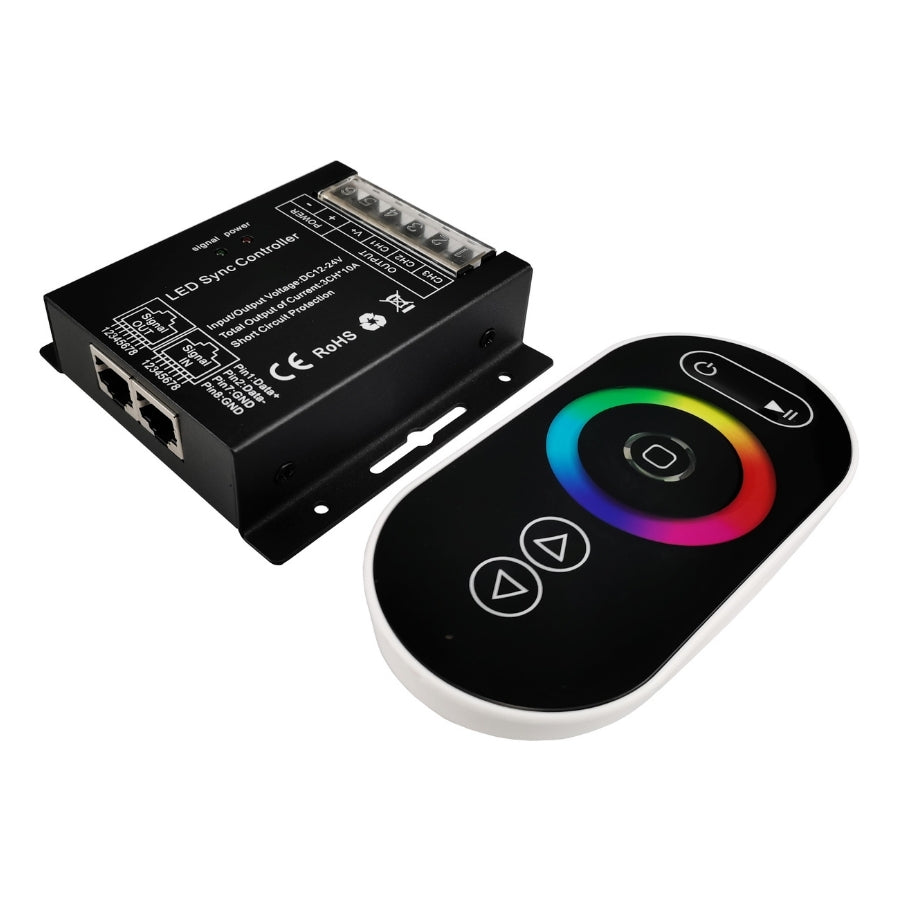 LED strip controller and remote control on a white background