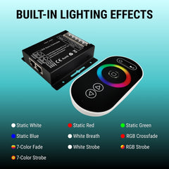 LED strip controller with remote and built-in lighting effects on a blue gradient background