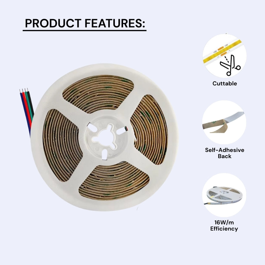 LED strip light with features listed on a white background