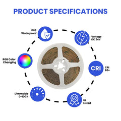 LED strip light with product specifications on a white background at fliptoled