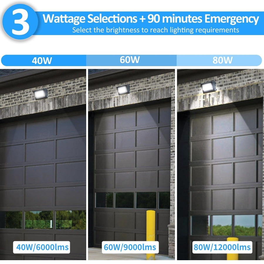 Comparison of light output from different wattage selections on a garage door of 80W LED Emergency Wall Pack at fliptoled