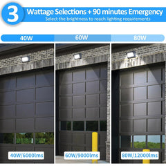 Comparison of light output from different wattage selections on a garage door of 80W LED Emergency Wall Pack at fliptoled
