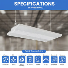 LED linear light fixture with specifications on a blurred warehouse background