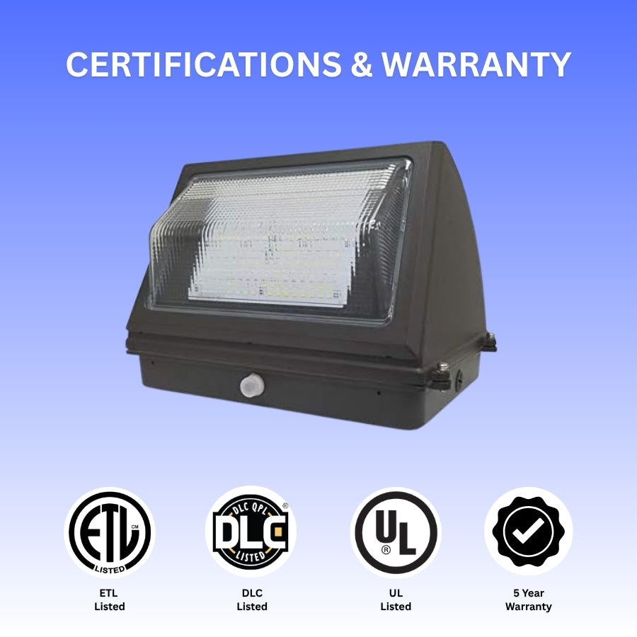 Outdoor flood light with certification and warranty icons on a blue background
