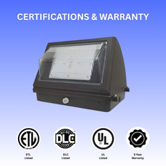 Outdoor flood light with certification and warranty icons on a blue background