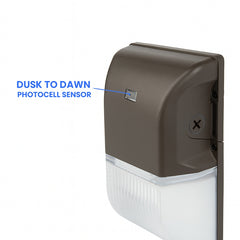 Outdoor light fixture with dusk to dawn photocell sensor labeled on a white background