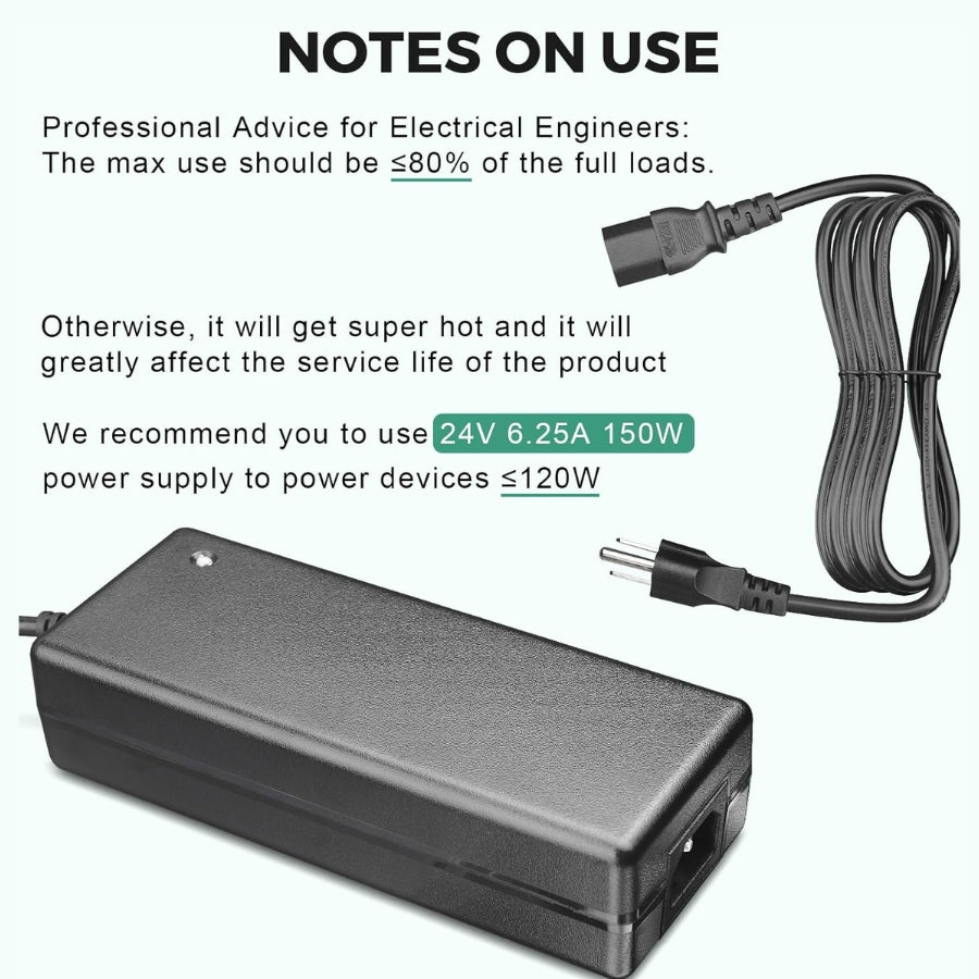 Power adapter with cable and usage notes for electrical engineers on a white background