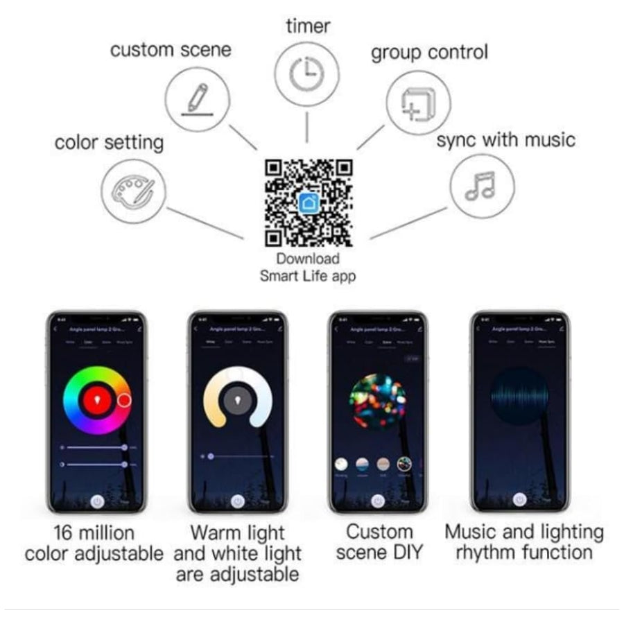 Smart lighting control system with smartphone app interface and features listed.