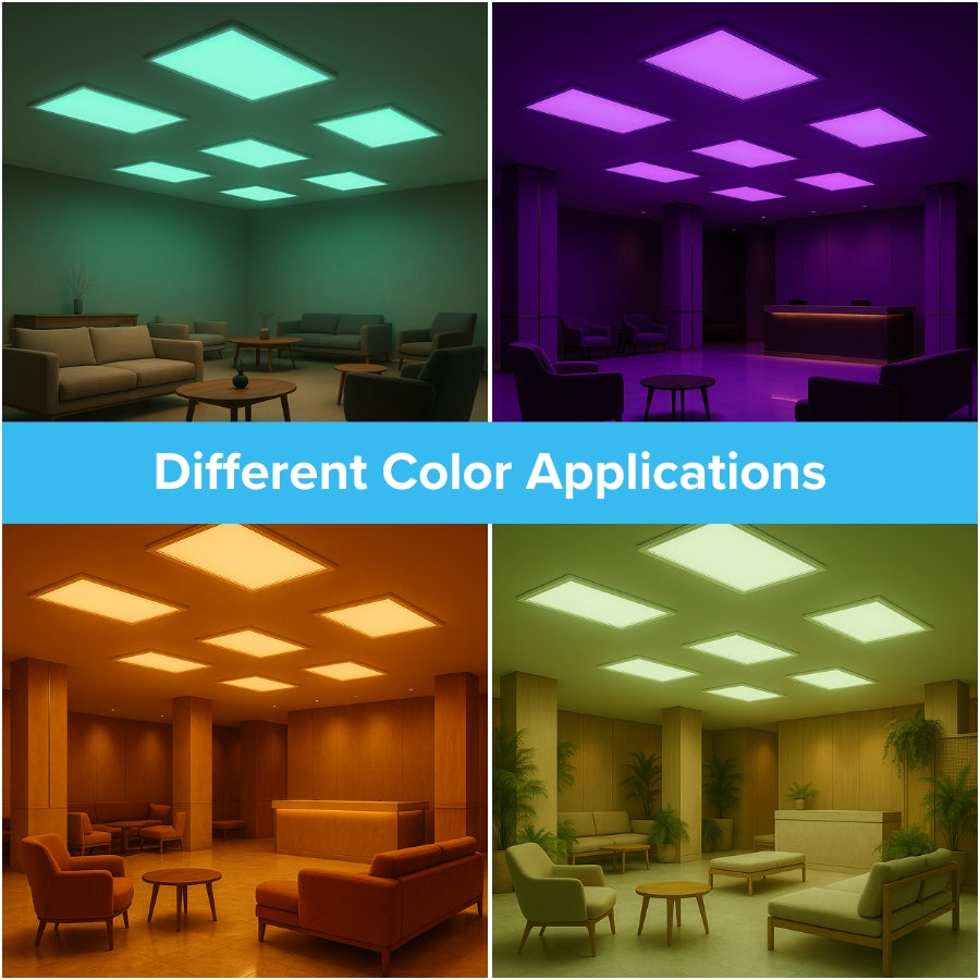 Collage of a room with different colored lights on the ceiling, labeled 'Different Color Applications'.