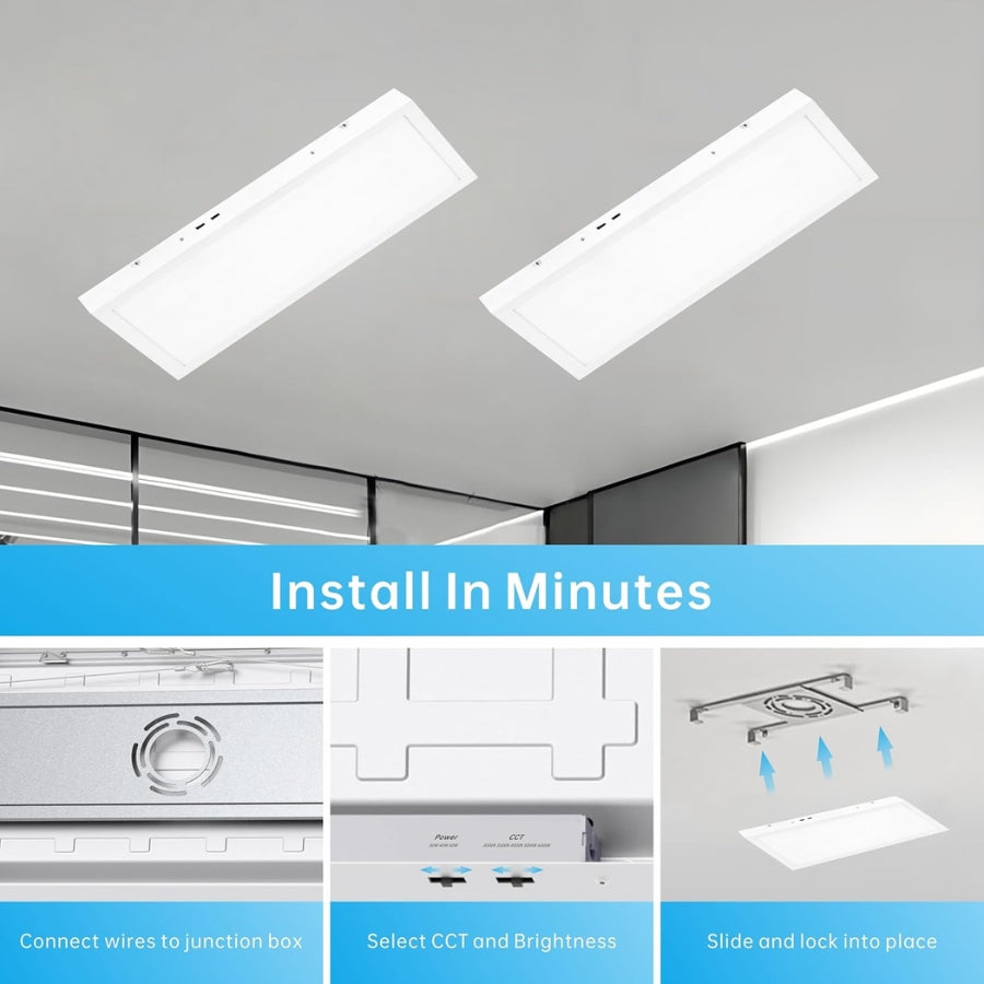 Two ceiling-mounted LED panels with installation steps on a gray background