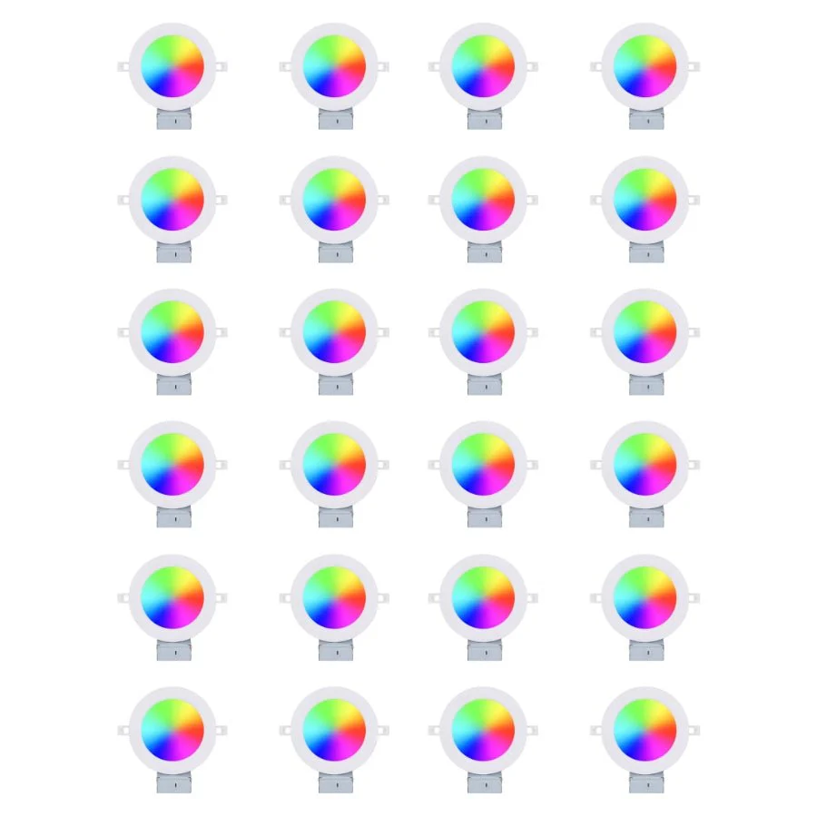 Multiple round RGB LED lights on a white background