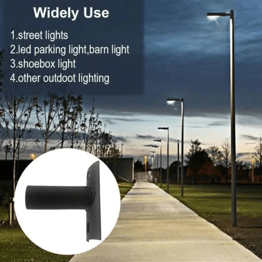 Outdoor lighting solution with street lights, LED parking lights, and shoebox lights on a pathway.