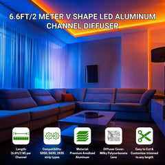 aluminum led channel for led strip lights Living room with LED lighting system and product details displayed.