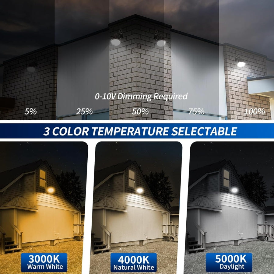 LED Flood Lighting fixture on a house exterior with dimming control and color temperature options.