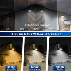 LED Flood Lighting fixture on a house exterior with dimming control and color temperature options.