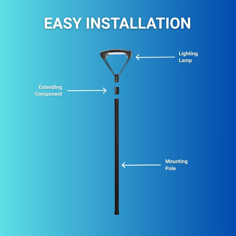 Diagram of a modern outdoor post light fixture with labeled parts on a blue background