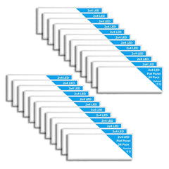 Multiple packages of LED flat panels with blue text on a white background