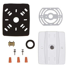 Set of plumbing parts including a black rubber washer, white plastic component, and various small components on a white background.