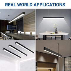 Collage of LED light fixtures in various indoor settings with 'Real World Applications' text.