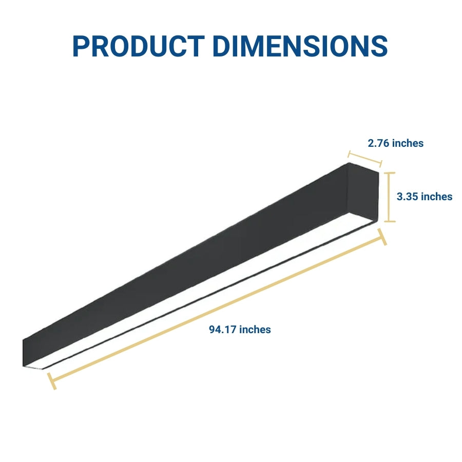 Product dimensions diagram with a black 8ft LED linear fixture and measurements on a white background.