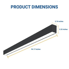 Product dimensions diagram with a black 8ft LED linear fixture and measurements on a white background.