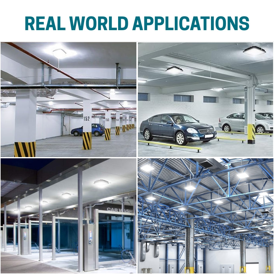 Collage of images showing indoor parking garages and industrial buildings.